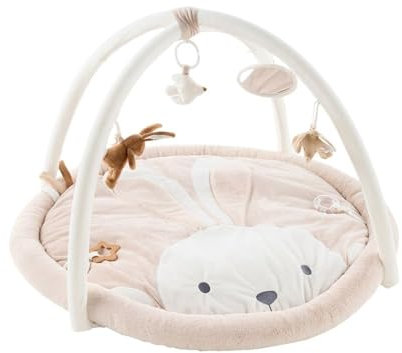NOUKIE'S – Tapis d'Éveil Bébé Veloudoux Moka Le Lapin – Tapis d’Activités Sensoriel avec Jouets Suspendus – Motricité, Développement Éveil – Lavable Machine - Naissance - Cadeau