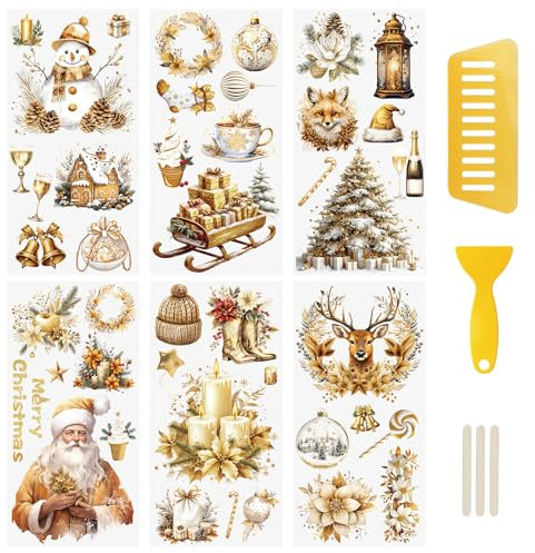 WANDIC 6PCS Christmas Gold Rub On Transfer Sticker, Merry Christmas Transfer Decals for DIY Scrapbooking Photo Albums Furniture