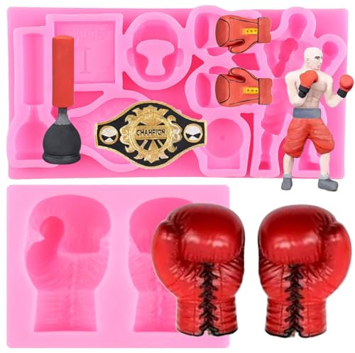 RFGHAC Boxing Sports Silicone Moulds Boxer Boxing Gloves Helmet Belt Chocolate Fondant Mould for Cake Decorating Cupcake Topper Candy Polymer Clay Gum Paste Set of 2