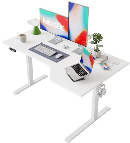 Agilestic L-Shaped Electric Standing Desk, 140cm Height Adjustable Sit-Stand Desk for Home Office, Ergonomic Computer Desk with Spliced Board, White