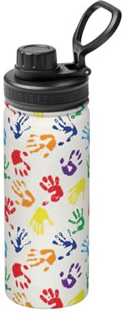 Thermosflasche aus Edelstahl mit bunten Handformen, Regenbogen-Druck, 530 ml, doppelwandige Thermosflasche mit auslaufsicherem Deckel
