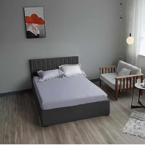 Panana Upholstered Ottoman Double (4ft6) / King (5ft) Grey Linen Fabric Storage Bed, Gas Lift Up Bed Frame with Storage, End Opening Wooden Slats (Grey with Vertical Headboard, Double)