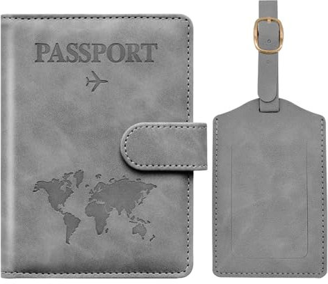 Toctax Reisepasshülle und Kofferanhänger Set, Passport Hülle mit RFID-Blocker, Reisepass Organizer, Reisepass Hülle für Damen und Herren, Passport Cover für Travel Essentials (Grau)