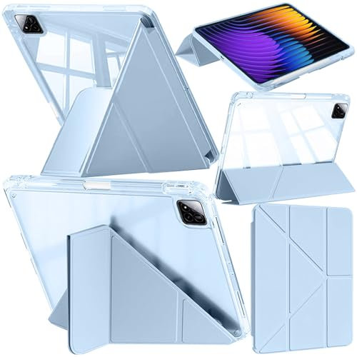 A-BEAUTY Funda Compatible con Xiaomi Pad 7/7 Pro 11.2 Pulgadas 2024, con Portalápiz, Antichoque Carcasa Translúcida, Soporte de Y 6 en 1, Auto-Reposo/Activación, Azul Claro