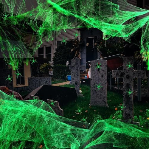 YushengTai Leuchtendes Spinnennetz Halloween Deko Set, 220g ca. 93 m² Dehnbare Leuchtend Spinnenweben Deko mit 30 Spinnen Halloween für Outdoor Garten Gruselig Innen Horror Party Dekoration