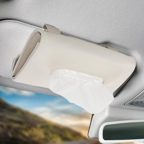 Car Tissue Holder, PU Leather Sun Visor Tissue Box Holder (Beige) | Multifunctional Non-Slip Sun Visor Hanging Paper Towel Clips Holders Fits Most Vehicles & Boats