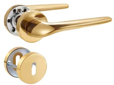 SORWDUERM Türgriff Pvd Gold Drückergarnitur, Edelstahl matt gebürstet, Türklinke für Haustür und Innentür, L-Form, BB - Bettklinke, Rund-Rosette