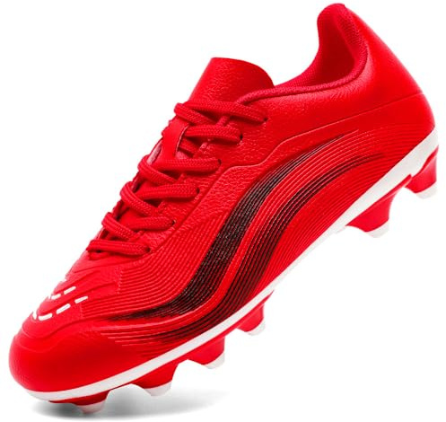 GOGOUP Boys Football Boots Kids Girls Firm Ground Cleats Soccer Shoes Athletics Training Sport Shoes Teenager Profession Competition Futsal Shoes Indoor Outdoor Sneakers Red UK5