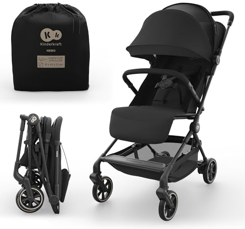 Kinderkraft NEBO Kabinenbuggy ultraleicht, Einhand-Faltmechanismus, Handgepäckmaß 51×43×21 cm, steht selbstständig, Schultergurt+Transporttasche, flache Liegeposition, 5-Punkt-Gurt, Schwarz