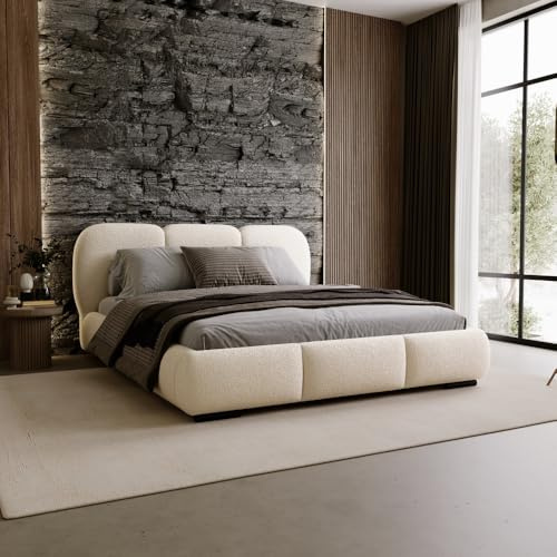 Chilly. Möbel Design Bett Savona - Polsterbett 200x200 mit Bettkasten, Lattenrost und Kopfteil – Eleganter Bouclé-Stoffbezug Beige