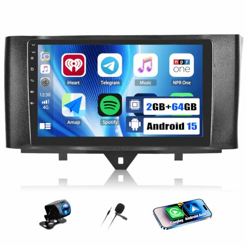 CAMECHO 2+64G Android 15 Autoradio für Mercedes Benz Smart Fortwo W451 2011-2015 mit Wireless Carplay Android Auto, 9 Zoll GPS Navi Radio Touchscreen HD mit Bluetooth WiFi RDS FM +Rückfahrkamera