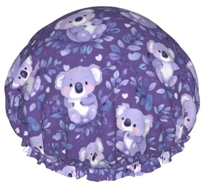 Large Shower Caps for Women Reusable - Soft Comfy Purple Plant Koala Print Double Layer Hair Cap for Shower with Elastic Rope and Peva Lining