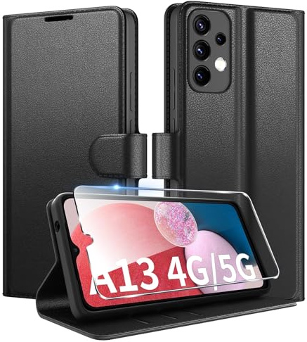 Coiwxmoi für Samsung Galaxy A13 4G/5G A04S Hülle Mit 1 Stück Panzer Schutz Glas, Wallet Premium PU Leder Handyhülle, Standfunktion Schutzhülle Kartenfach Stoßfeste Klapphülle Flip Case Cover Schwarz