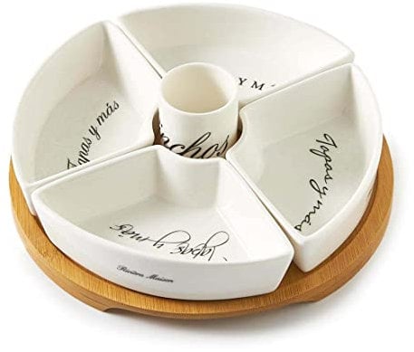Riviera Maison - Tapas y Más Party Plate - Tapas-Schale mit Separaten Fächern und Text - Getränkeservice - Porzellan, Holz - Weiss Weiss - (ØxH) 22x7