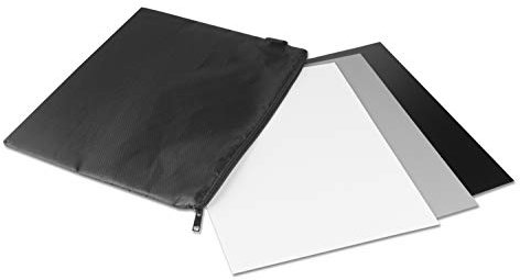 Grey card for manual white balance. With black and white reference card. Enables true color images in photography. Reflects 18% of the light. Neoprene cover included. 25.4 x 20.2 cm.