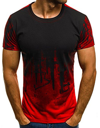 Xmiral Tops Sweatshirt Herren Slim Fit Short Sleeve/Langarm-Muskel-beiläufige Hemden(L,Kurze Ärmel-Rot)