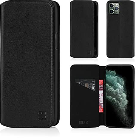 32nd Classic Series 2.0 - Real Leather Book Wallet Flip Case Cover For Apple iPhone 11 Pro Max (6.5), Real Leather Design With Card Slot, Magnetic Closure and Built In Stand - Black