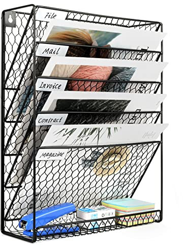 EasyPAG 6 Tier A4 Chicken Wire Mesh in Tray Hanging Wall File Holder Mail Organiser Magazine Storage Rack,Black