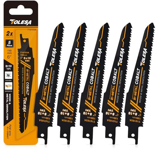TOLESA Lames de Scie Sabre Metal 150mm 8+10tpi Pour La Démolition de Métal, de Bois, de Panneaux de Fibres de Verre, de Plastique Renforcé Et de Matériaux Composites 5 Pack