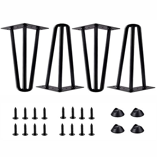Wyewye 8 Inch Metal Hairpin Table Legs - Heavy Duty 3 Rod Solid Iron Set of 4 for Coffee, Dining, Desk, Worktop - 20cm Black With Screws and Non-slip Mat - DIY Modern Simple Style