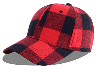LANGZHEN Plaid Print verstellbare Baseball Cap Weiche Baumwollmischung Checked Print Outdoor Hut Cap für Männer Frauen (Big Grid-Black+Red)