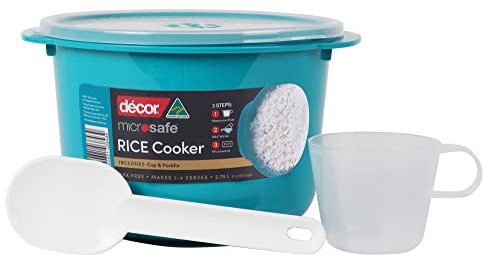 Décor Microwave Rice Cooker Makes 1-4 cups each time comes with measuring cup and rice paddle. Stay cool handles and steam release vent. Dishwasher and freezer safe. BPA Free 2.75L Capacity, Teal