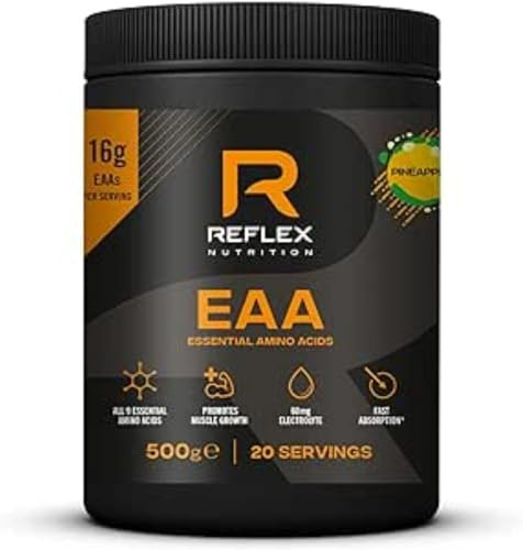 Reflex Nutrition EAA - Complete Essential Amino Acids - 16g EAAs with BCAAs, Vitamin B6, Electrolytes - Full Spectrum Amino Acids Powder for Muscle Growth & Recovery (Pineapple, 500g, 20 servings)
