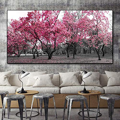 Paysage sur Toile,arbre rose ciel noir et blanc Impression de tableau de paysage sur toile,Tableau d'art mural sur toile 60x120cm(24x48in) Sans cadre
