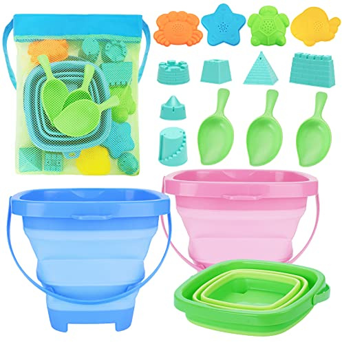 RACPNEL Collapsible Beach Toys for Kids, 3 Pack Foldable Sand Buckets and Shovels Set with Mesh Bag, Silicone Pails for Beach Travel Essentials, Easter Egg Hunt, Sand Toys Molds for Kids and Toddlers