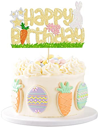 Gyufise 1 Pack Easter Happy Birthday Cake Topper Rabbit Carrot Happy Easter Cake Decoration Supplies for Bunny Rabbit Theme Baby Shower Birthday Party Decoration Supplies