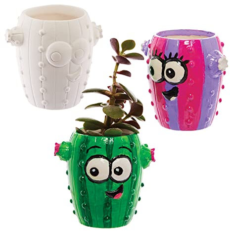 Baker Ross FX580 Mini vasi per piante grasse in ceramica con cactus - Confezione da 4, dipingi il tuo vaso per piante