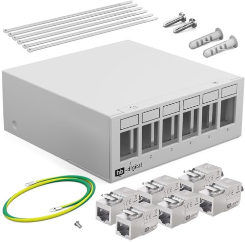 HB-DIGITAL Panneau de brassage à 6 ports 1 HE 6 x CAT 6a RJ45 Module Keystone Jack - Certifié GHMT - Entièrement blindé STP 10 Gbps - Compatible avec les câbles de pose - Câble réseau LAN - Gris clair