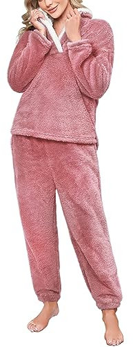 RITOSTA Pigiama Donna Invernale Felpato Pigiama Donna Invernale Caldo Pigiama Donna Invernale Pile Pigiama di Pile Morbido Pigiami Lungo Due Pezzi da Donna con Felpa e Pantalone(Arancione Rosa,L)