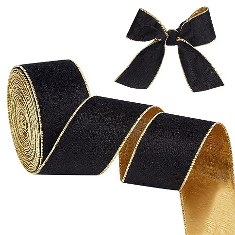 OLYCRAFT 10 Yards/9.1 m Weiches Samtband Mit Draht In Gold Und Schwarz 65mm Samtband Mit Draht Flache Baumwollbänder Mit Goldfarbener Rückseite Für Geschenkverpackungen Blumenstraußdekoration