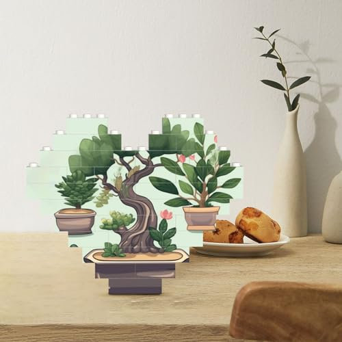 Rldobofe Baustein Puzzle Herzförmige Bausteine Bonsai Pflanze Puzzles Block Puzzle für Erwachsene 3D Micro Bausteine für Wohnkultur Ziegel Set, Einheitsgröße