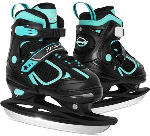 MammyGol Adjustable Ice Skates for Kids Boys and Girls, Hockey Lace-Up Skate, Teal Ice Skating Size 1-4 for Beginner