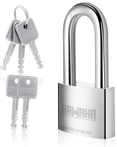 KAWAHA 41/50LKD-5SK 50 mm langer Bügel, Hochsicherheits-Vorhängeschloss aus Edelstahl mit Schlüssel für den Innen- und Außenbereich (robust, rostfrei (50 mm), verschiedene L-Schlüssel, 5