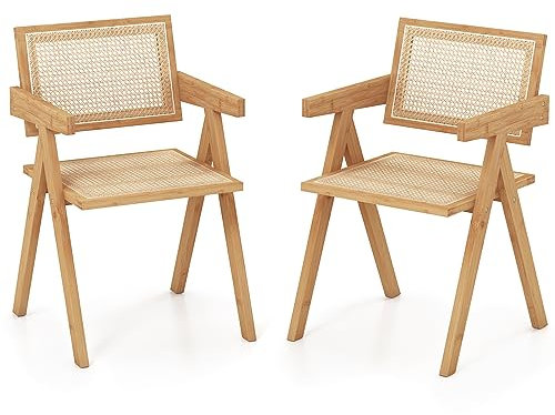 COSTWAY 2er Set Esszimmerstuhl, Küchenstuhl aus Bambus & simulierter Rattan, Akzentstühle mit Rückenlehne & Armlehnen, Rattanstuhl für Küche Wohnzimmer Esszimmer, 50x52x81cm, Natur