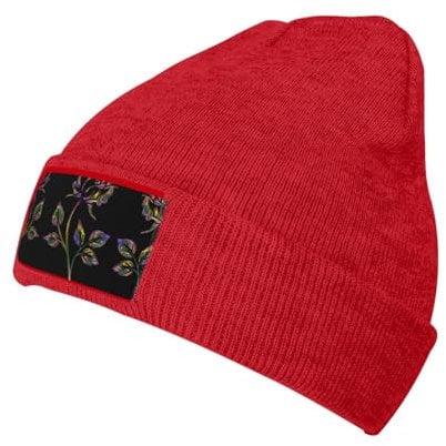 EdWal Unisex-Mütze mit Blumendruck, für Herren und Damen, Strickmütze, Wintermütze, warme Wintermütze, weiche Skimütze, Schwarz und Gold, rot, One size