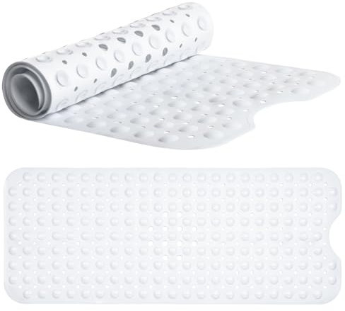 White Bath Mat - Machine Washable Shower Mat For Kids And Elderly - (100x40cm) Extra Long Bath Mat Non Slip Anti Mould Shower Mat - Rubber Suction Cup Non-Slip Bath Mats for Inside Bath