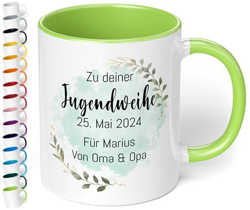 Geschenk zur Jugendweihe Konfirmation für Mädchen & Jungen: Tasse personalisiert „Zu deiner WUNSCHTEXT“ – Blätter-Motiv – Keramik 330ml Kommunion Firmung Taufe (Hellgrün)
