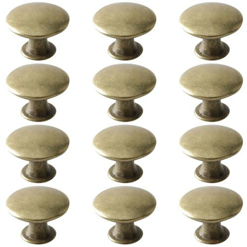 Mokife 12 Pomos y Tiradores Vintage Latón, Pequeños Pomos para Puertas de Cocina Metal Redondo Tiradores de Muebles con Tornillos para Cajones Armario Gabinete, 30x21mm