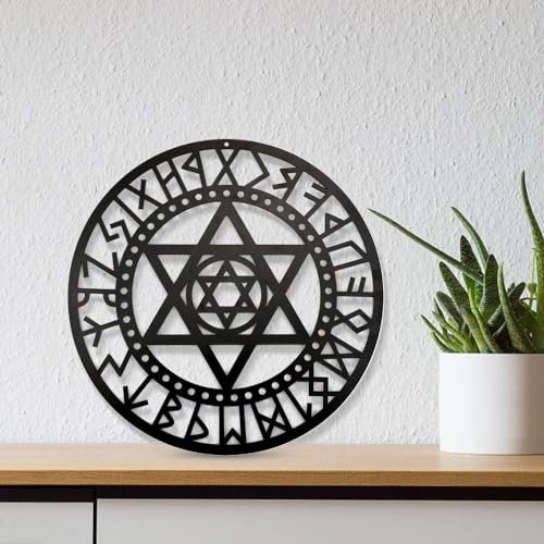 Zfseyuh 28CM Metall Wand Deko Wandkunst Wikinger Deko Wand Wandschmuck Rund Viking Deko Schwarz Wandkunst für Wohnzimmer Schlafzimmer Büro Dekor