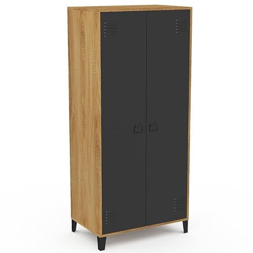 IDMarket - Armoire vestiaire penderie ESTER 2 portes métal noir et contour bois design industriel