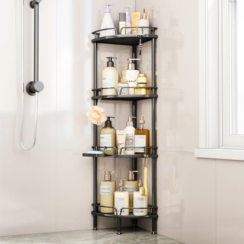 SWTYMIKI Corner Shower Caddy - 4 tier Bathroom Corner Shelf Shower Organizer Corner with 4 Hooks, Rust Free Standing Shower Caddy with Soap Holder,Shower Rack for Inside Bathroom,Shower storage,Black