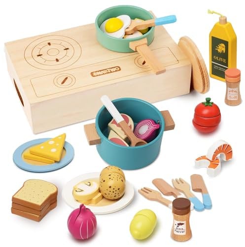 Smartwo Accessoire Cuisine Enfant, Dinette en Bois 2 3 4 5 Ans, 27PCS, Jouet Cuisine Bebe avec Casseroles, Poêles, Aliments à Découper, Jeux Imitation, Cadeau pour Filles Garçons