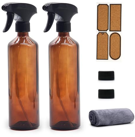 OFFIDIX Botellas de vidrio pulverizador, paquete de 2 botellas de riego de vidrio marrón, botellas de pulverización a presión de mano, botellas vacías recargables con boquilla ajustable para limpieza,
