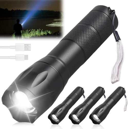 4 Stück Mini LED Taschenlampe Aufladbar, LED Taschenlampe Extrem Hell mit 5 Modi, Zoombare und Langer Laufzeit, IP65 Wasserdicht Flashlight, Taktische Taschenlampe für Camping, Wandern, Notfälle