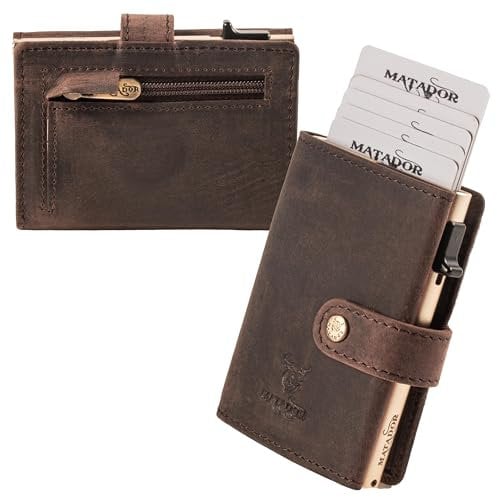 MATADOR Slim Wallet Miami – Leder Kreditkartenetui mit POP-UP Kartenhalter - mit RFID-Schutz & Münzfach - Mini Portemonnaie – kleine Geldbörse Männer mit Geschenk-Box Dunkel Braun