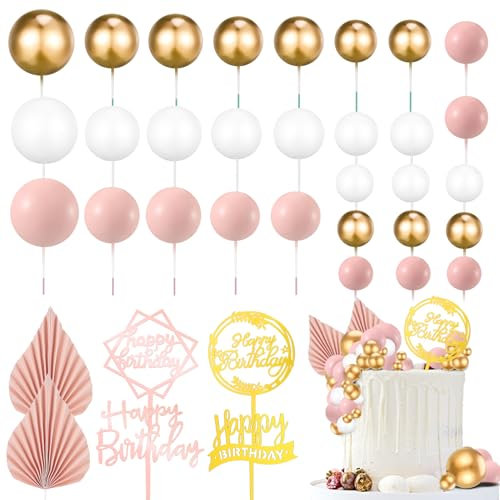 36 PCS Balls Cake Toppers - White, Pink, Gold Foam Balls & Pink Palm Leaves for Birthday Cake Decorating